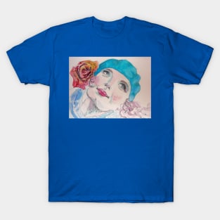 Girl with a Red Rose and Blue Beret Watercolor T-Shirt